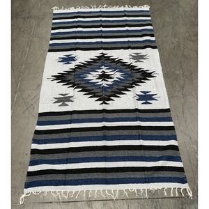 AUTHENTIC Mexican DIAMANTE Blanket Throw Yoga Mat Multi Gray Navy Blue